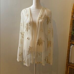 Gold roses cream sheer robe bed jacket sheer boudoir vintage made USA XL